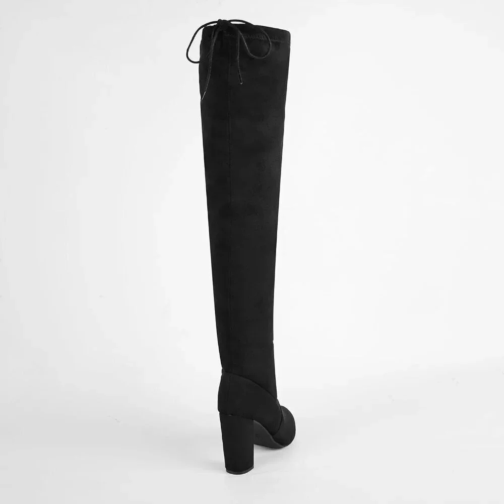 Women's Microfiber Thigh High Block Stiletto Heel Over The Knee Rounded Toe Boot